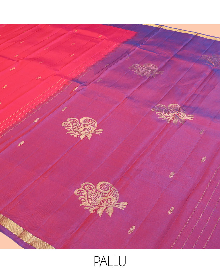 Pink Kanchipuram Silk Saree, Adorned with Buttas, Complemented by a Contrast Zari Striped Border, Pallu of Zari Design, and Contrast Blouse