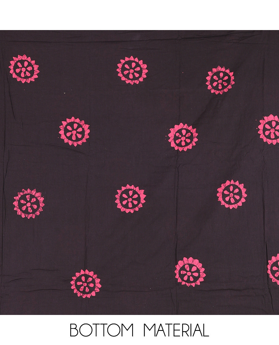 Black-Rani Pink Cotton Material Churidar Set, Paisley Batik Printed Top, a Matching Bottom, a Batik Printed Dupatta