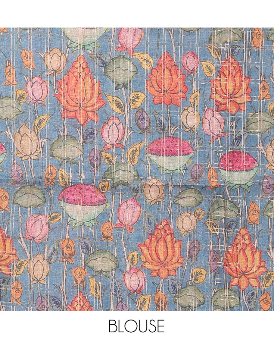 Sandal Fancy Tussar Silk Saree, Subtly Sparkled with Checked Design, Contrast Zari Piping Border, Pallu of Kalamkari Animal Motifs, and Contrast Kalamkari Printed Blouse