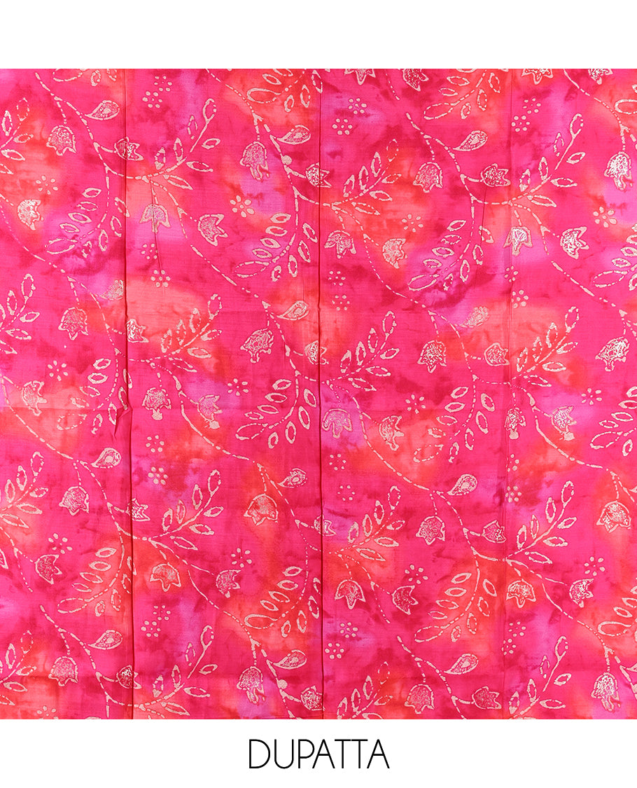 Cream-Ranipink Kerala Cream Mul Chanderi Material Churidar Features Pom-Pom Neckline Top, a Contrast Batik Floral Printed Bottom, and  Dupatta