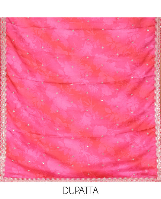 Rani Pink Material Chudidar Set Decked Up with Intricately Embroidered Muga Silk Top, Subtly Made Plain Santoon Bottom, and a Bemberg Chiffon Dupatta Featuring Floral Printed, and Embroidery