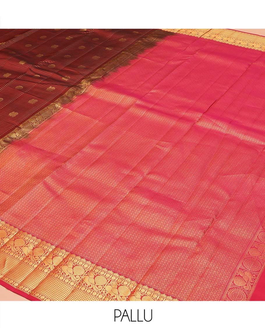 Maroon Vasundhara Lite Silk Mix Saree, Mesmerized with Annam-Chakram Butts and Stripes on Its Body, Complemented by Contrast Border of Thazampoo Rekku, Muthu, Rudraskham, Mayil, and Muthu Designs, Grand Jaal Pallu, and Paired with a Contrast Blouse