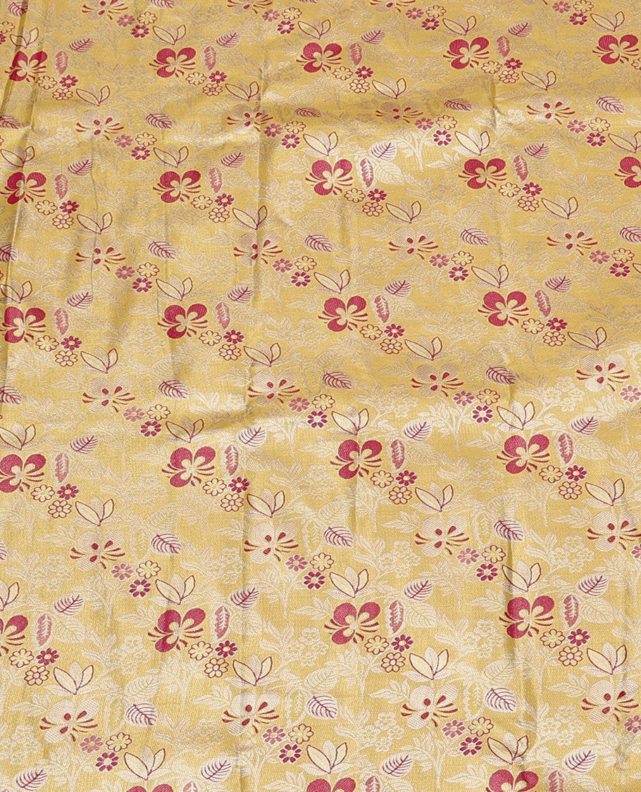 Yellow Art Silk Material Half Saree Set, Ornamented with Floral Jacquard Skirt, a Contrast Traditional Design Border, Contrast Blouse, and an Intricate Dhavani