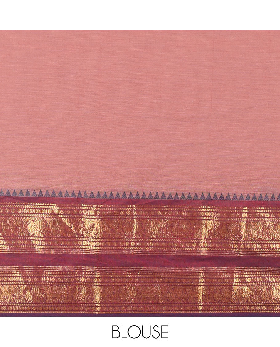 Dark Onion Pink-Wine Chettinad Cotton Half-Saree Featuring a Plain Skirt, Highlighted with a Contrast Peacock-Elephant Motifs Woven Rettai Pettu Zari Border, a Subtly Woven Matching Blouse, and a Vichitra Silk Contrast Traditional Zari-Bordered Dhavani