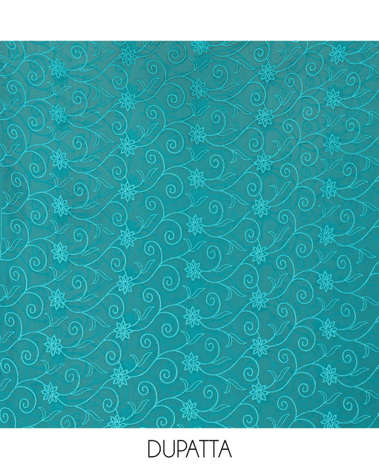 Rama Material Chudidar Set Accentuated with Phulkari-Style Floral Embroidery and Floral Print Rayon Top, Subtly Made Plain Rayon Bottom, and a Chiffon Georgette Dupatta of Floral Theme Designs