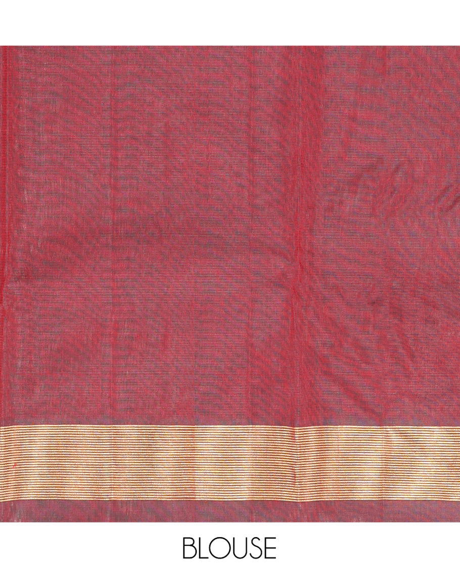 Red Silk Cotton Saree, Woven with Zari Buttas, a Contrast Zari Buttas Border, Intricate Pallu, and a Contrast Blouse