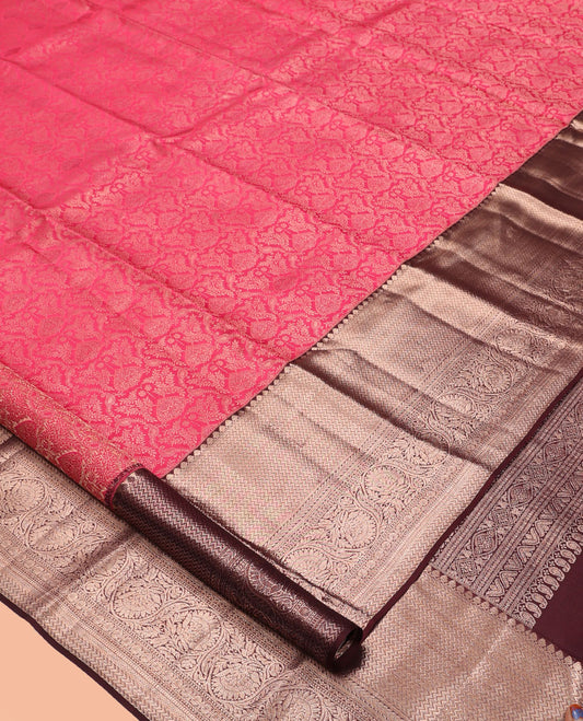 Pink Kanchipuram Wedding Silk Saree, Graced with Jacquard Design, a Contrast Border of Thilakam Mokku, Vanki, Kathir, Neli, and Kodi Visiry Designs, Grand Pallu, and a Contrast Blouse
