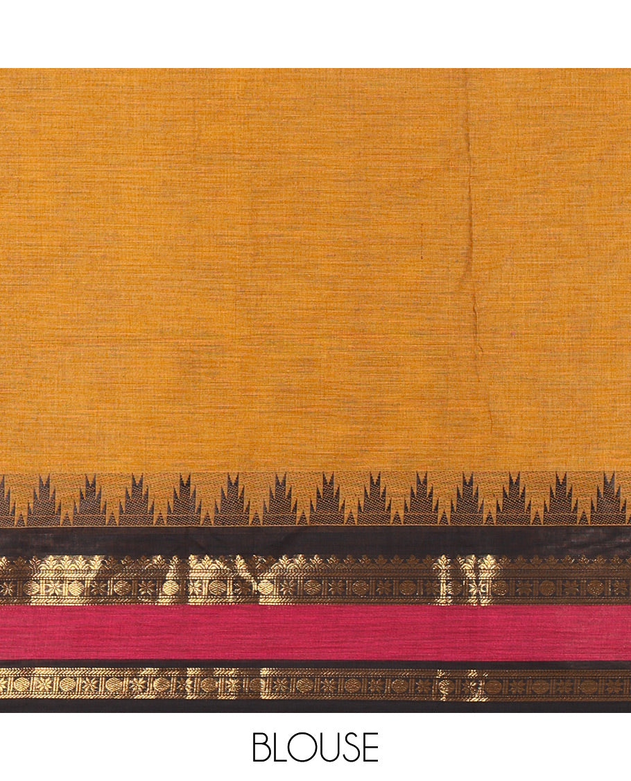 Mustard and Black Chettinad Cotton Half-Saree Featuring a Plain Skirt, Highlighted with a Contrast Traditional Zari Rettai Pettu Temple Border, a Subtly Woven Matching Blouse, and a Vichitra Silk Contrast Traditional Zari-Bordered Dhavani