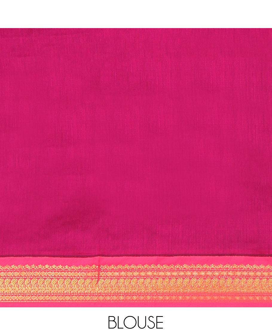 Blue Kalyani Cotton Saree, Woven with Thread Buttas, Complemented by a Contrast Traditional Border, Traditional Pallu, and a Contrast Blouse