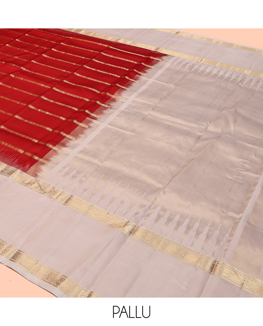 Red Kanchipuram Silk Saree, Adorned with Rudraksham Designs, Complemented by a Contrast Rettai Pettu Border of Mayil Design, Seppu Rekku Pallu, and a Contrast Blouse