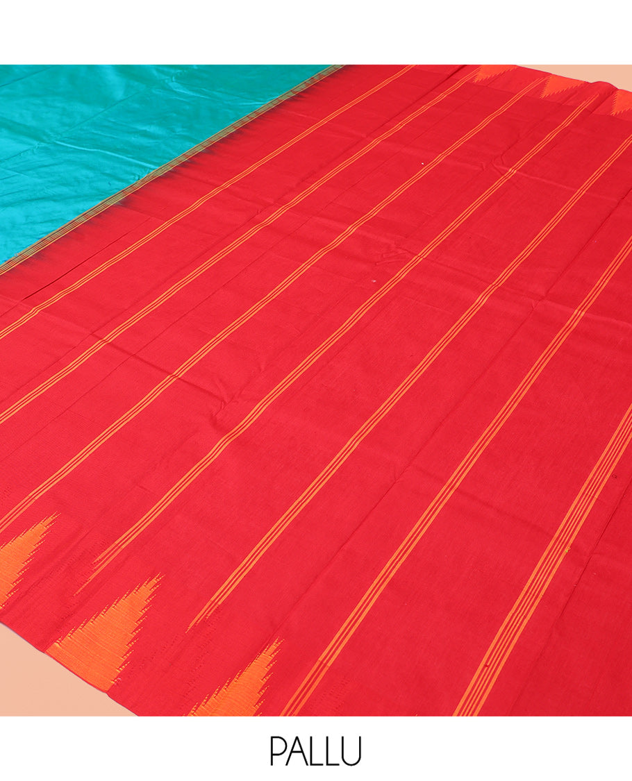 Blue Plain Bangalore Silk Saree, Adorned with a Contrast Temple Border, Striped Pallu, and Contrast Blouse