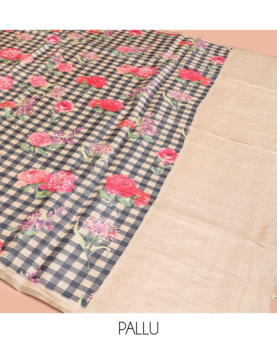 Black and Sandal Tussar Silk Saree, Mesmerized with Burberry-Style Checks and Floral Print on Its Body, a Subtle Border, Subtly Striped Pallu, and Paired with a Matching Blouse