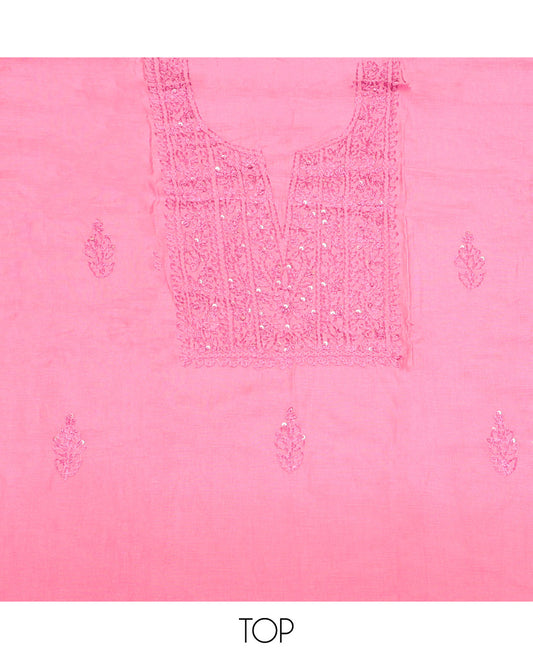 Pink Cotton Material Churidar Set, Delicately Designed with Sequined Thread Neck Work Top, a Contrast Plain Bottom, and Thread Dupatta