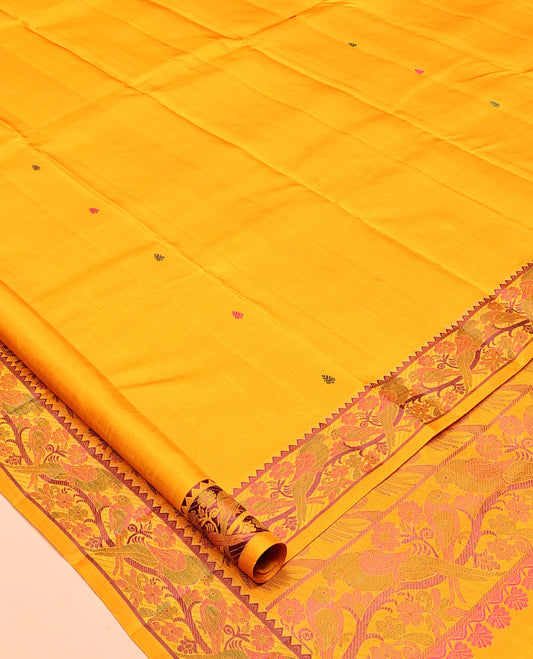 Yellow Buttas Kanchipuram Silk Saree, a Floral-Bird Thread Border, Bird Motif Pallu, Matching Blouse