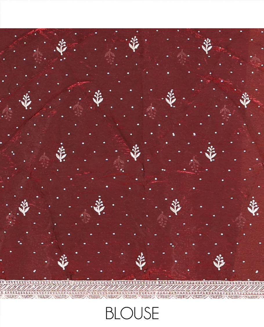 Maroon Fendi Organza Half-Saree, with Embroidered Buttas on Its Skirt, Embroidered Scallop Border, Paired with a Matching Blouse, and an Embroidered Fendi Organza Scallop Dhavani