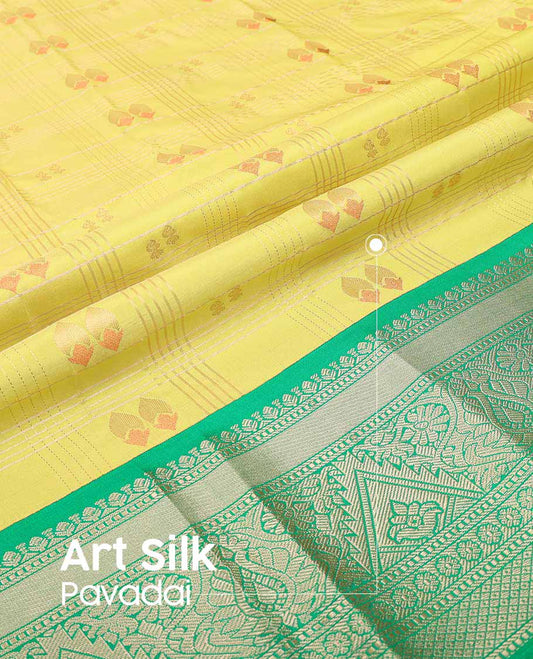 Lemon yellow checked, floral design art silk pavadai material with contrast zari design border & zari design blouse