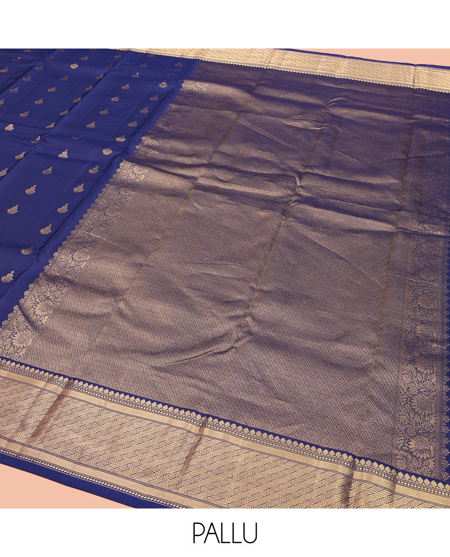 Blue Vasundhara Lite Silk Mix Saree, Elevated with Zari Buttas All Over Its Body, Highlighted by a Zari Border of Thilakam Mokku, and Kodi Visiry Designs, Pallu of Jaal Designs, and Paired with a Matching Blouse