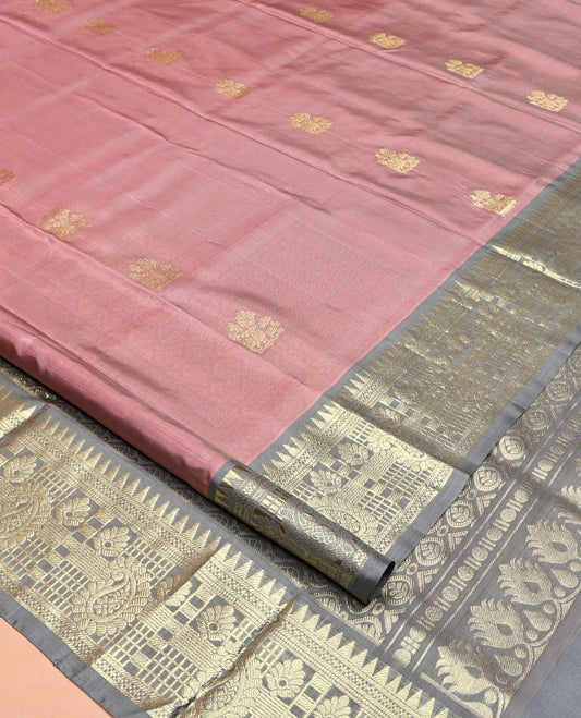 Pink Venkatagiri Silk Saree, Embellished with Zari Buttas All Over Its Body, Complemented by a Contrast Traditional Zari Design Border, Pallu of Thilakam Designs, and Paired with a Contrast Blouse