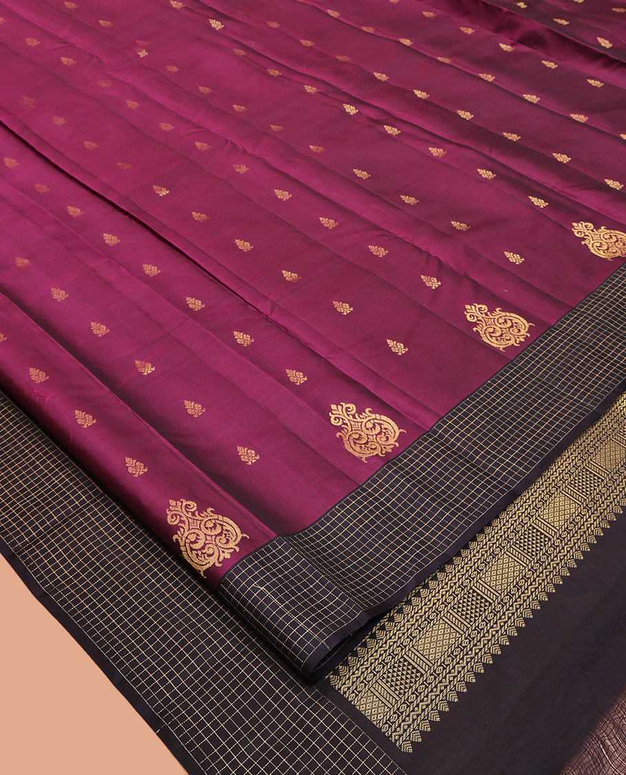 Purple Vasundhara Lite-Silk Mix Saree Featuring Zari Buttas, Complemented by Contrast Checked Border, Grand Jaal Pallu, and a Contrast Blouse
