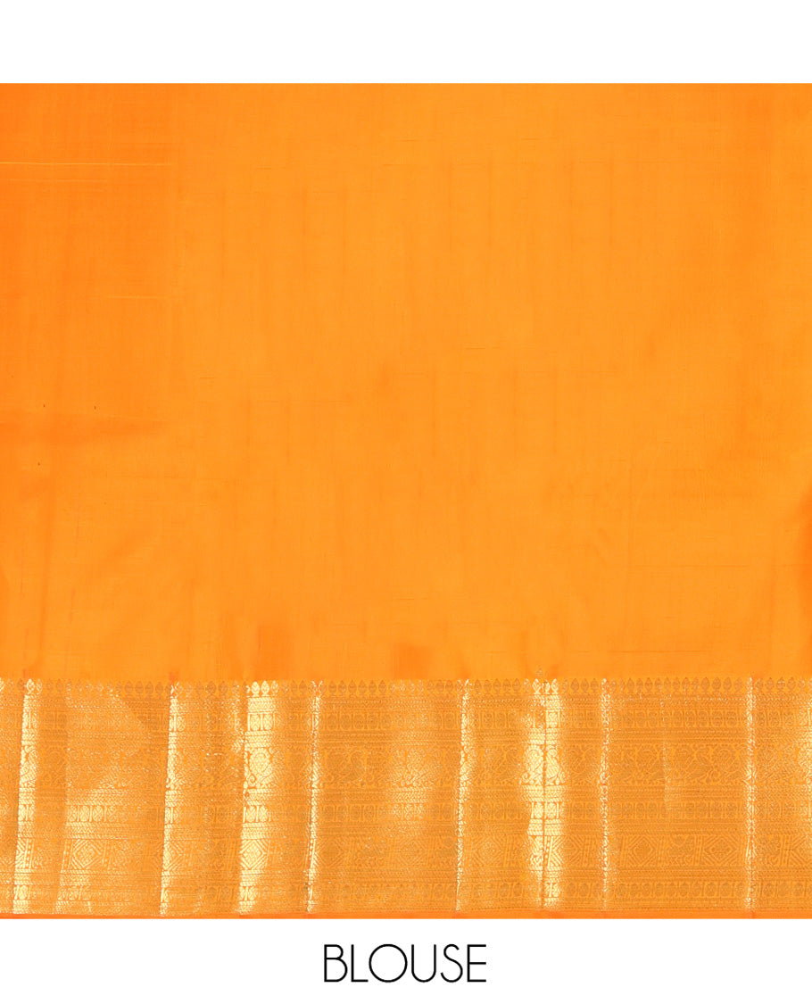 Sandal Kanchipuram Silk Saree, Finely Crafted with Zari Buttas All Over Its Body, Complemented by a Contrast Border of Thilakam Mokku, Poun, Neli, Mayil, and Kuthirai Designs, Pallu of Jaal Designs, and Paired with a Contrast Blouse