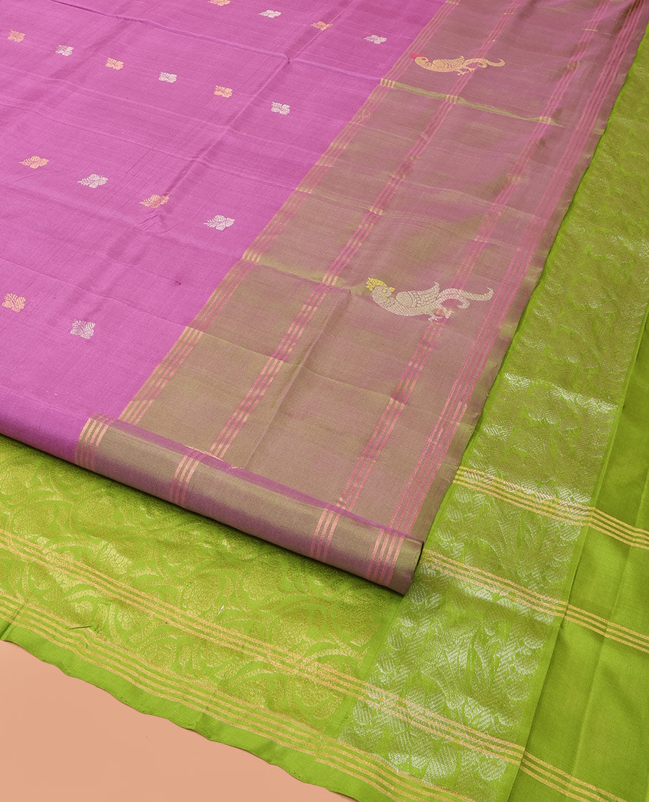 Pink Uppada Silk Saree Delicately Woven with Zari Buttas, Complemented by a Contrast Zari Border of Bird Designs, Contrast Pallu of Scallop Designs, and Paired with a Contrast Blouse