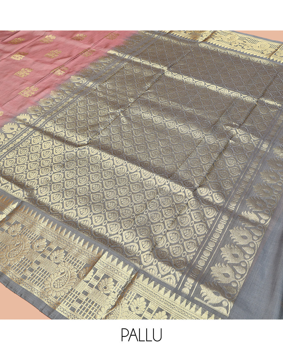 Pink Venkatagiri Silk Saree, Embellished with Zari Buttas All Over Its Body, Complemented by a Contrast Traditional Zari Design Border, Pallu of Thilakam Designs, and Paired with a Contrast Blouse