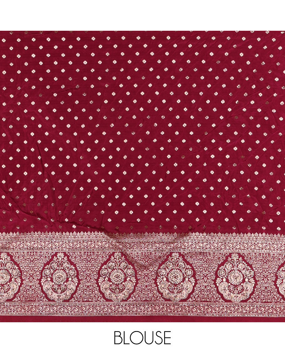 Liril green chiniya crepe half-saree, chevron zari jacquard with contrast intricate patterned stone work bordered skirt, contrast blouse, and a scallop bordered intricate dhavani