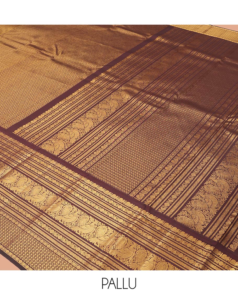 Brown Jacquard Kanchipuram Wedding Silk Saree, Highlighted by a Zari Border of Mayil, Manga, Poun,  Mayil and Ogee Designs, Grand Pallu, and Matching Blouse