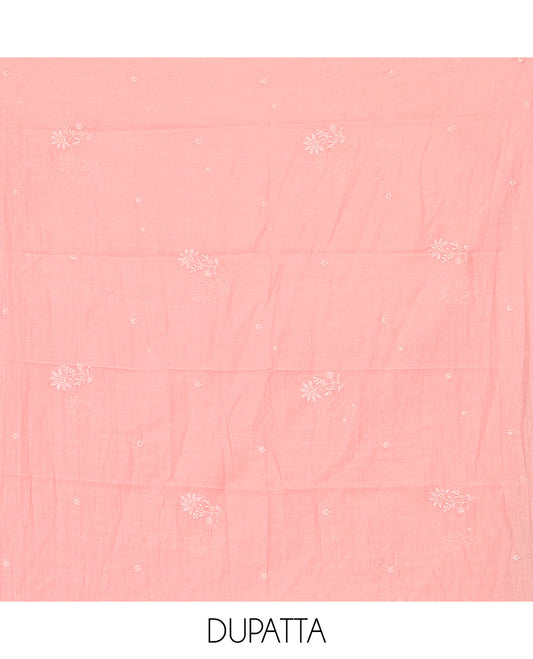 Cream-Peach Mul Chanderi Material Churidar Features Thread-Sequins Embroidered Top, a Contrast Bottom, Scallop Embroidered Dupatta