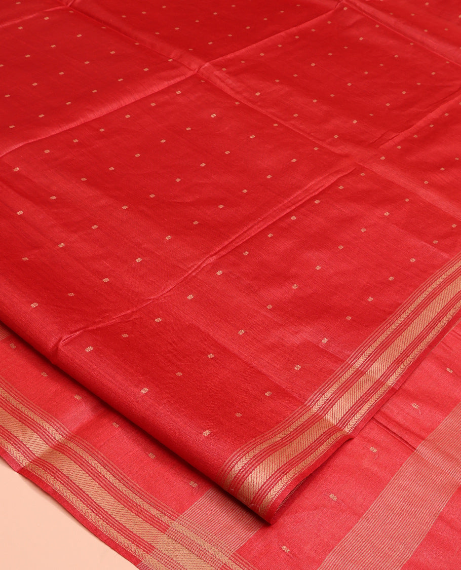 Red Tussar Saree, Steeped with Buttas, a Subtle Traditional Border, Pallu of Stripes and Buttas, and a Matching Blouse