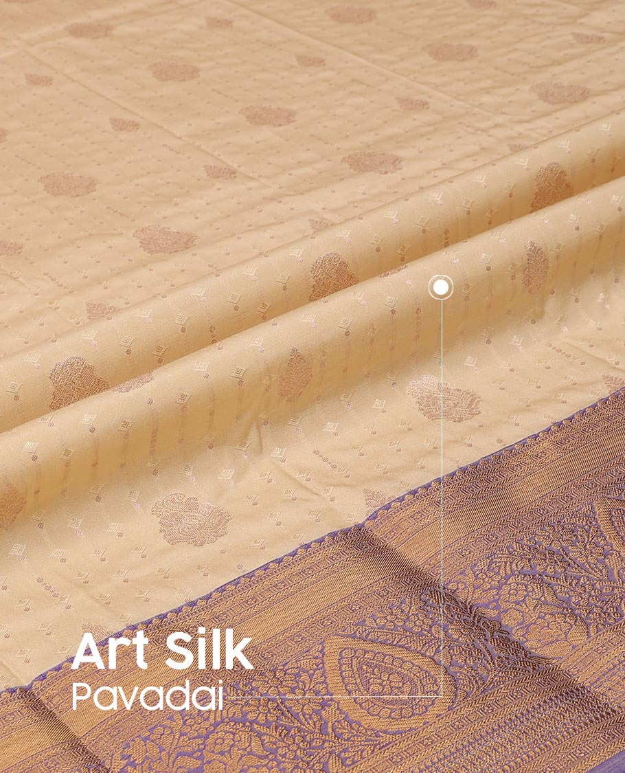 Sandal Art Silk Pavadai Material Set, Elevated with Embossed-effect and Zari Buttas Skirt, Complemented by a Contrast Traditional Zari Design Border, and Paired with a Contrast Blouse