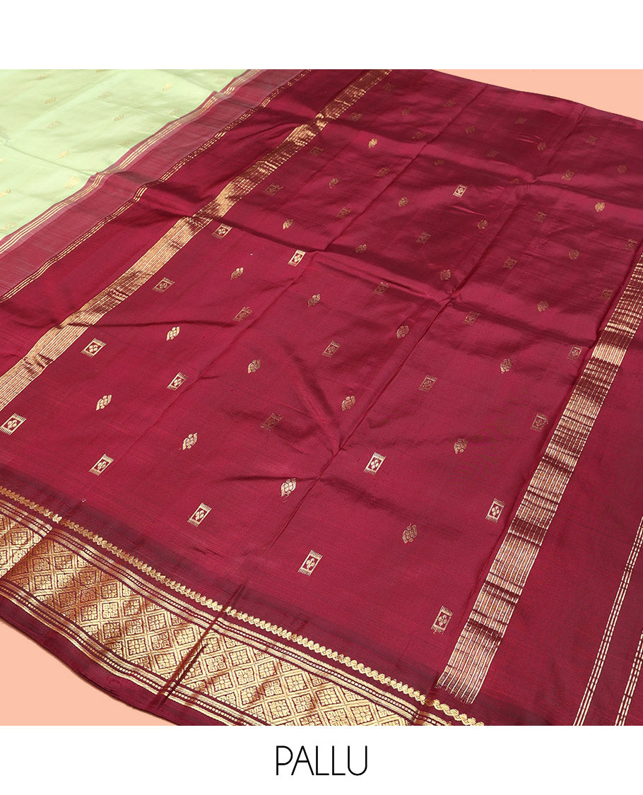 Green Kanchipuram Silk Saree, Graced with Zari Buttas, Contrast Korvai Border of Thilakam Mokku, Banaras, Muthu, and Jaal, Zari Design Pallu, and No Blouse