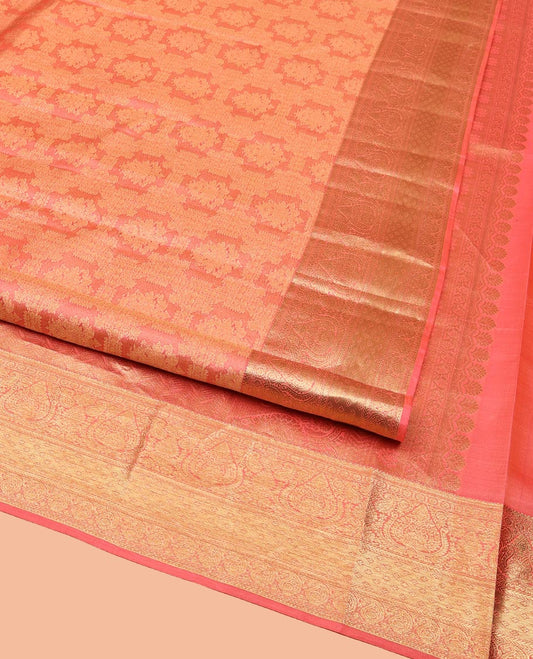 Peach Kanchipuram Wedding Silk Saree, Bedecked with Jacquard Designs on Its Body, Highlighted by a Zari Border of Kamalam, Arumbu Manga, and Jaal Designs, Intricately Designed Pallu, and Paired with a Matching Blouse