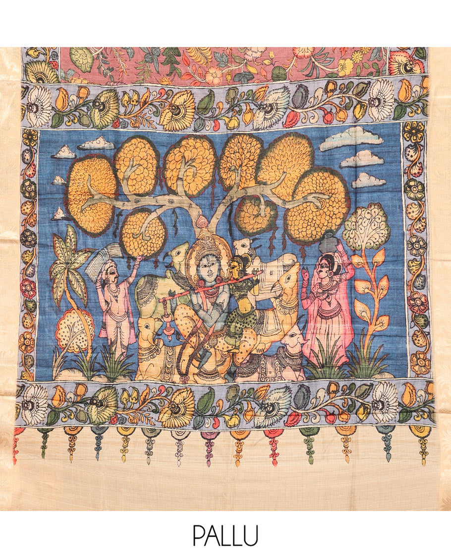 Brown Kalamkari Saree, Embellished with Floral Vine Print, Complemented by Contrast Zari Border, Pallu of Lord Krishna Print, and a Contrast Blouse