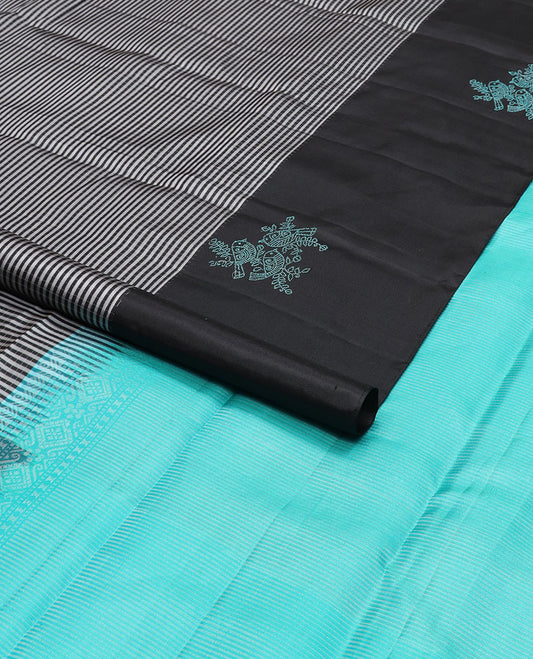 Black checked mayuri soft silk saree with self bird design border & striped pallu