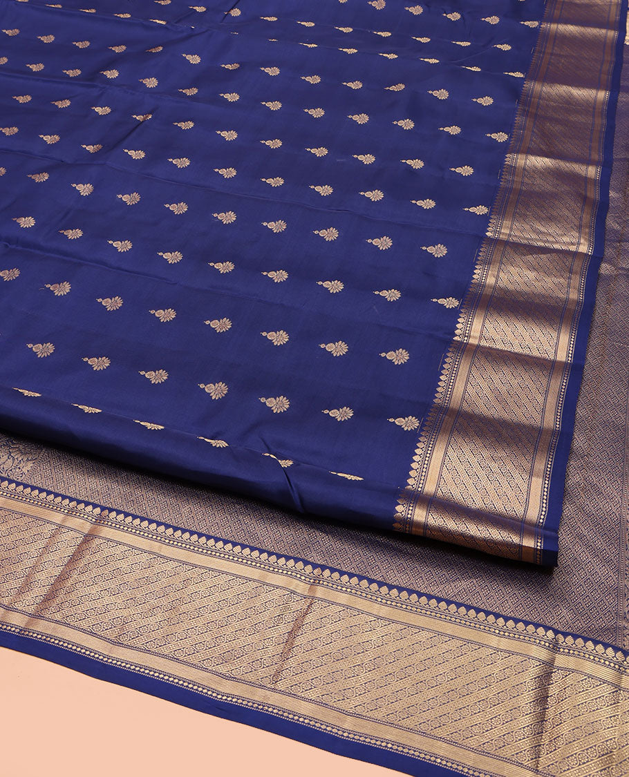 Blue Vasundhara Lite Silk Mix Saree, Elevated with Zari Buttas All Over Its Body, Highlighted by a Zari Border of Thilakam Mokku, and Kodi Visiry Designs, Pallu of Jaal Designs, and Paired with a Matching Blouse
