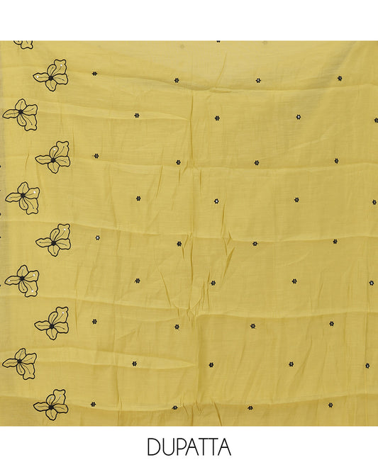 Lemon Yellow Mul Chanderi Material Churidar Features Floral Thread Embroidered Top, a Matching Bottom, and an Scallop Embroidered Dupatta