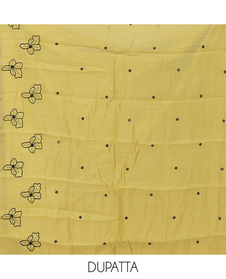 Lemon Yellow Mul Chanderi Material Churidar Features Floral Thread Embroidered Top, a Matching Bottom, and an Scallop Embroidered Dupatta