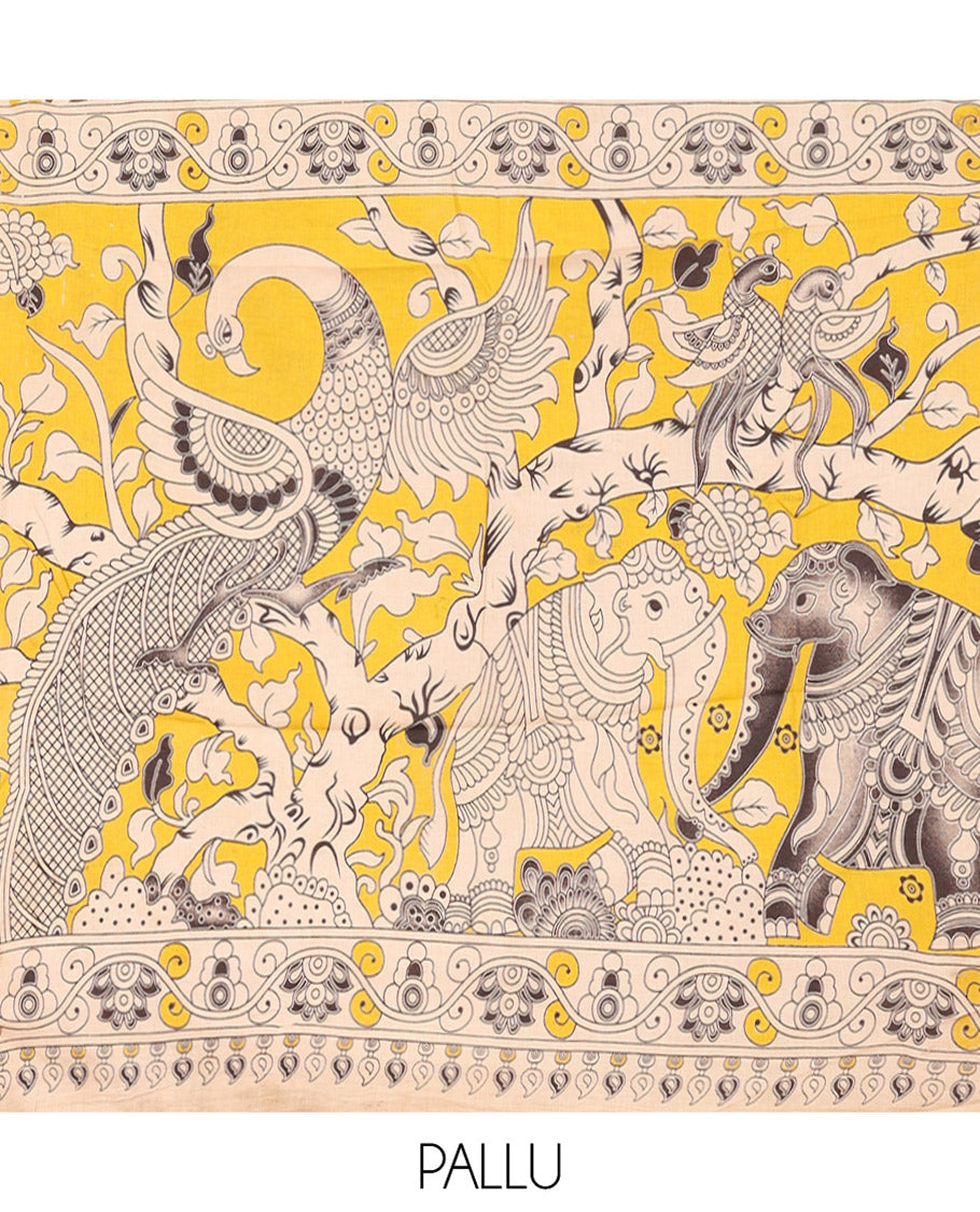 Mustard Machine-Printed Kalamkari Cotton Saree Features Floral Jaal Design, Floral Printed Border, Pallu of Fauna Design, and a Contrast Blouse