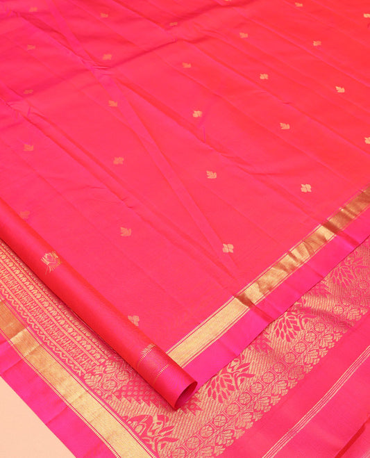 Pink Vasundhara Silk Saree, Subtly Sparkled with Zari Buttas, a Kal Eragina Border of Muthu Designs, Geometric Patterned Pallu, and a Matching Blouse
