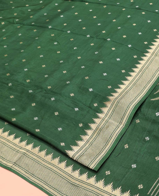 Mehendi Green HO Silk Saree, Elevated with Zari Buttas All Over Its Body, Highlighted by Temple Border of Diamond Patterns, Pallu Artfully Woven with Tree of Life Design, and Paired with a Matching Blouse