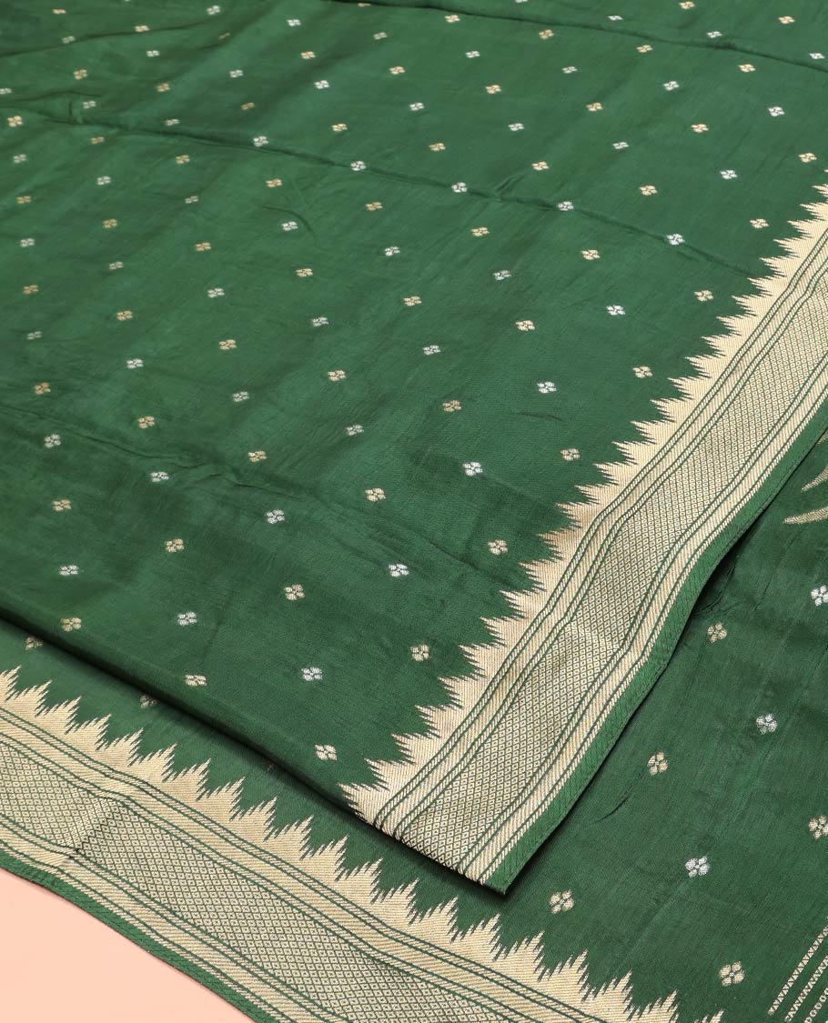Mehendi Green HO Silk Saree, Elevated with Zari Buttas All Over Its Body, Highlighted by Temple Border of Diamond Patterns, Pallu Artfully Woven with Tree of Life Design, and Paired with a Matching Blouse