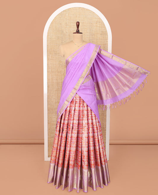 Orange Art Silk Material Half Saree Set, Decked Up with Jacquard Design Skirt, a Contrast Traditional Zari Border of Floral Creeper Designs, Contrast Zari-Jacquard Blouse, and a Dhavani of paisley Designs