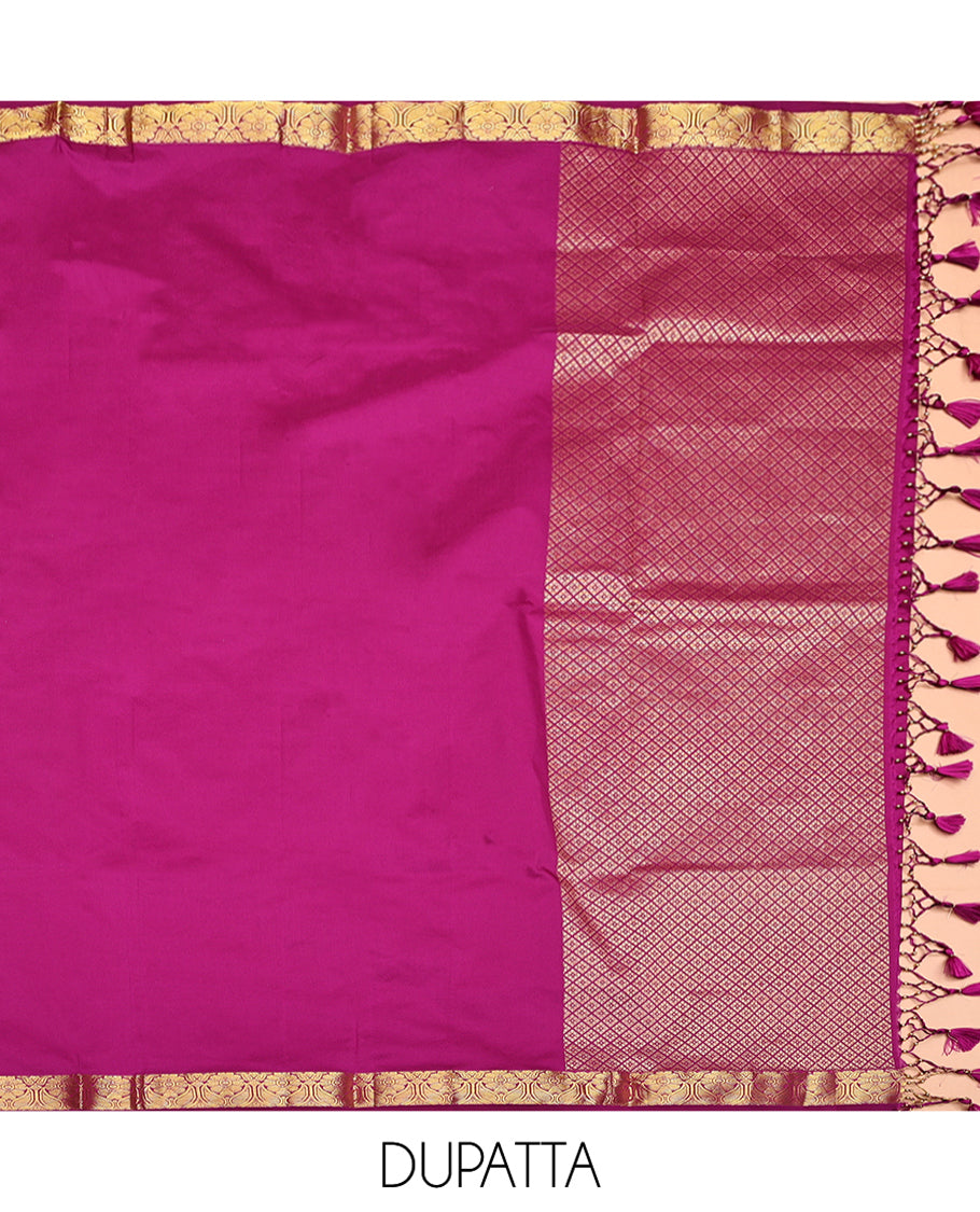 Pink Art Silk Half-Saree, Decorated with Jacquard Design, Contrast Floral Zari Border, Paired with a Contrast Jacquard Blouse, and an Intricate Dhavani