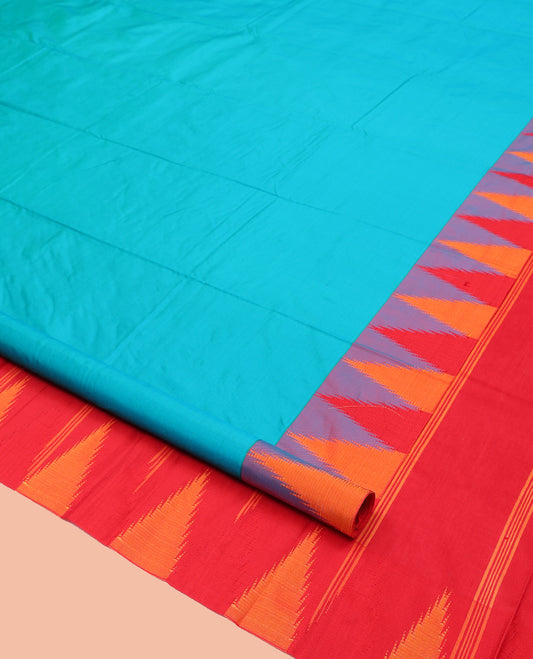 Blue Plain Bangalore Silk Saree, Adorned with a Contrast Temple Border, Striped Pallu, and Contrast Blouse
