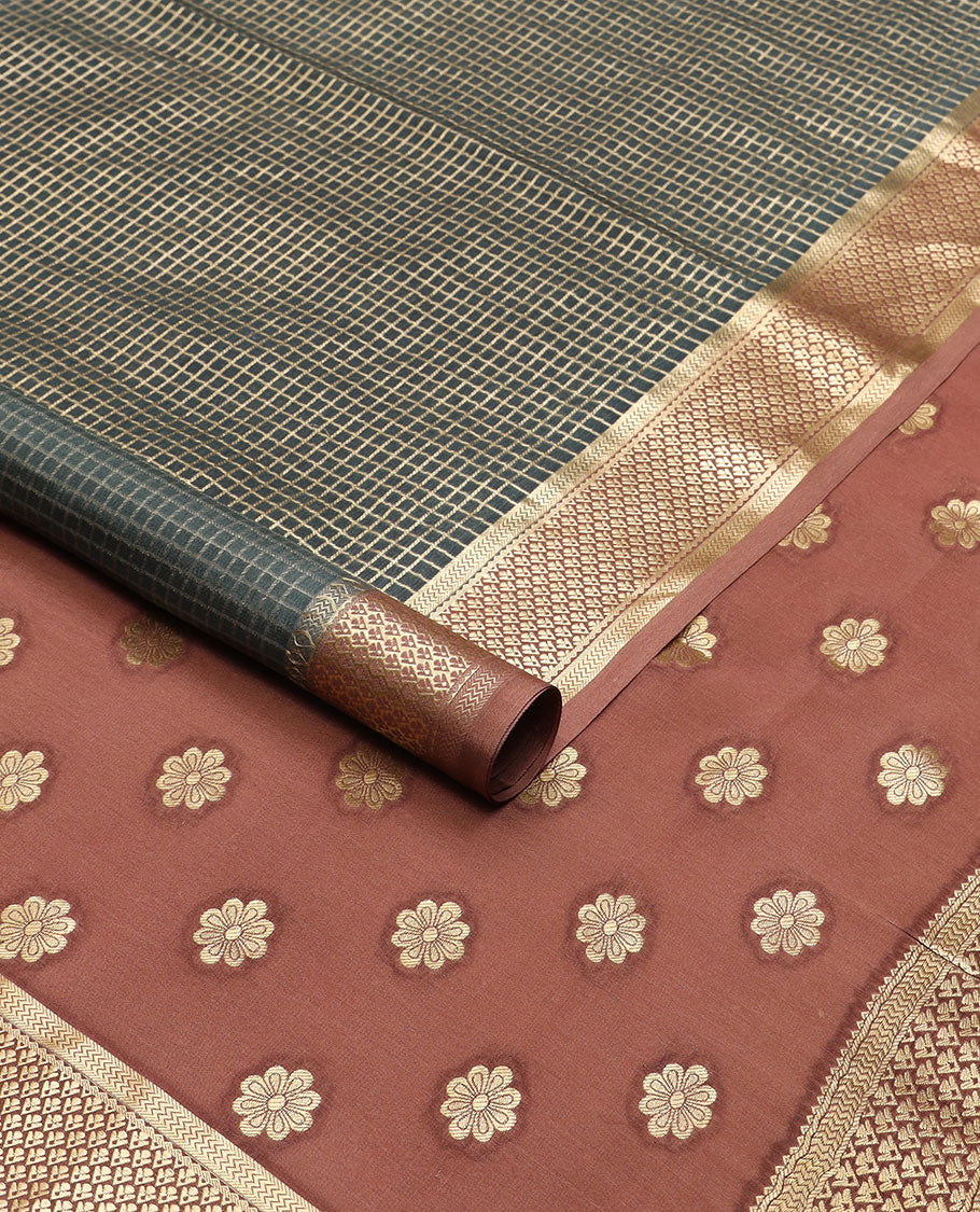Multi color floral vine , checked mysore silk saree with contras checked border & floral motifs pallu