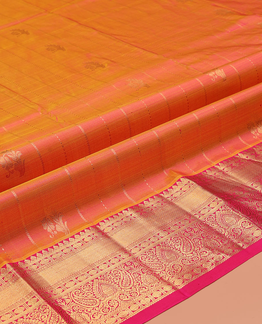 Orange Pure Silk Pavadai Material, Bedecked with Zari Buttas and Stripes on Its Skirt, a Contrast Traditional Zari Border, and a Contrast Blouse