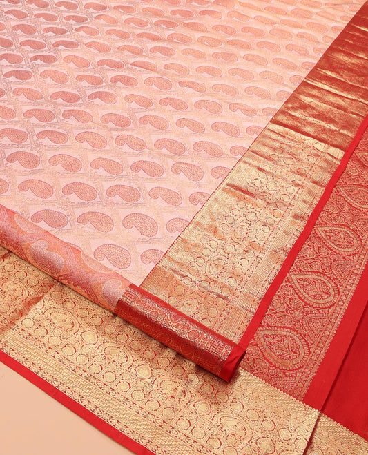 Peach Kanchipuram Wedding Silk Saree, Accentuated with Paisley Jacquard Design, Contrast Border of Thilakam, Kodi Visiry, Laddu Kamalam, and Manga, Jaal Pallu, and a Contrast Blouse