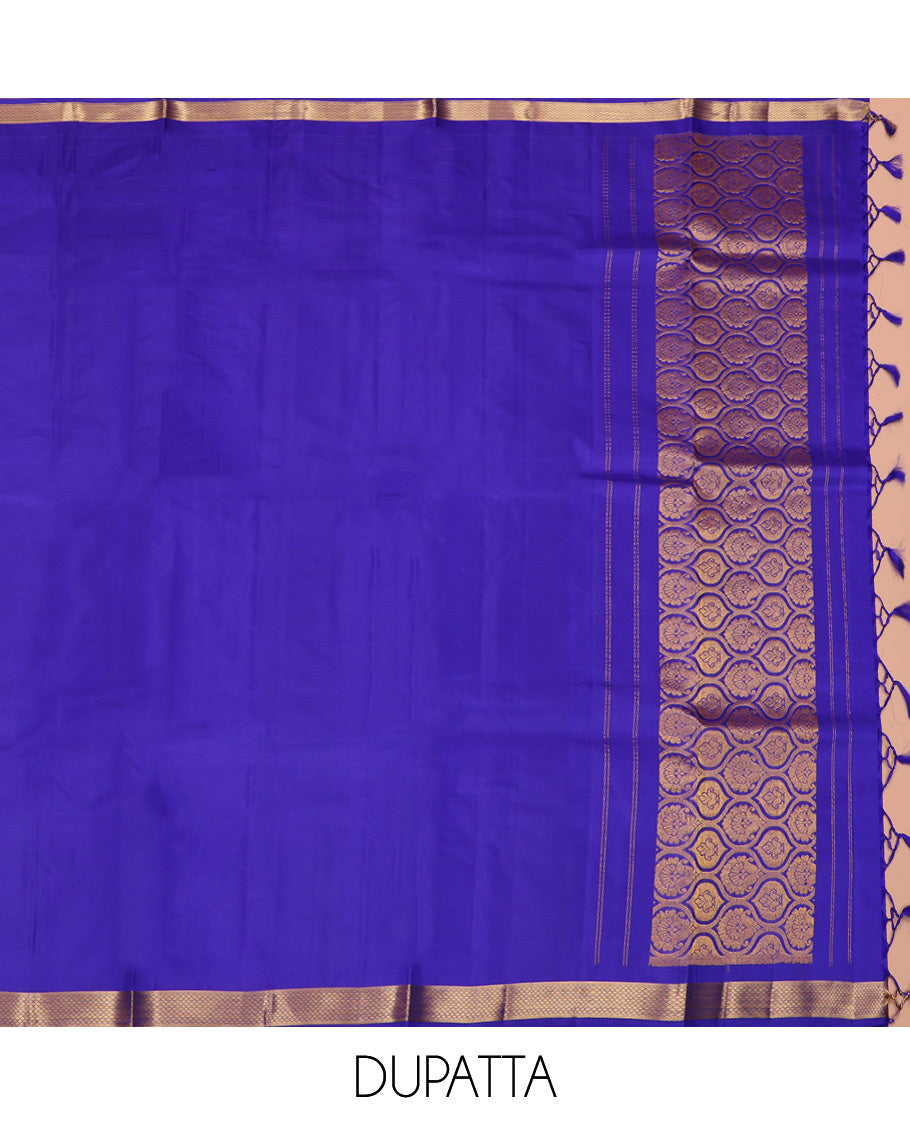 Pink Pure Silk Half-Saree, Spotlighted with Zari Designs on Its Body, Complemented by a Contrast Traditional Zari Design Border, Complemented by a Contrast Blouse, and Paired with a Contrast Dhavani of Ogee Designs