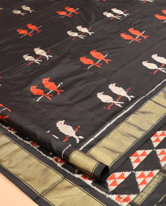 Black Pochampally Ikat Saree, Detailed with Bird Motifs, Zari Border, Triangle Motifs Pallu, and a Matching Blouse
